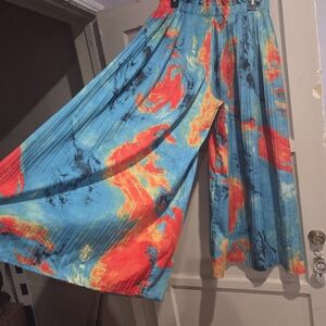 Bright Blue & Coral Pleated Wide-Leg Pants